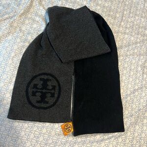 Tory Burch Charcoal Gray and Black Logo Knit Scarf